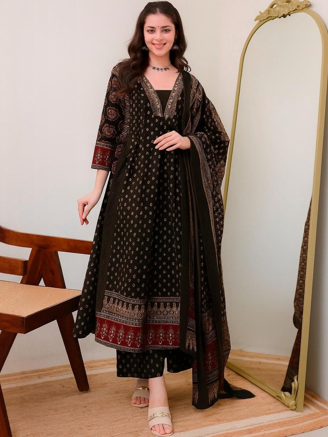 KALINI Ethnic Motifs Printed Panelled Square Neck Anarkali Kurta With Palazzos & Dupatta
