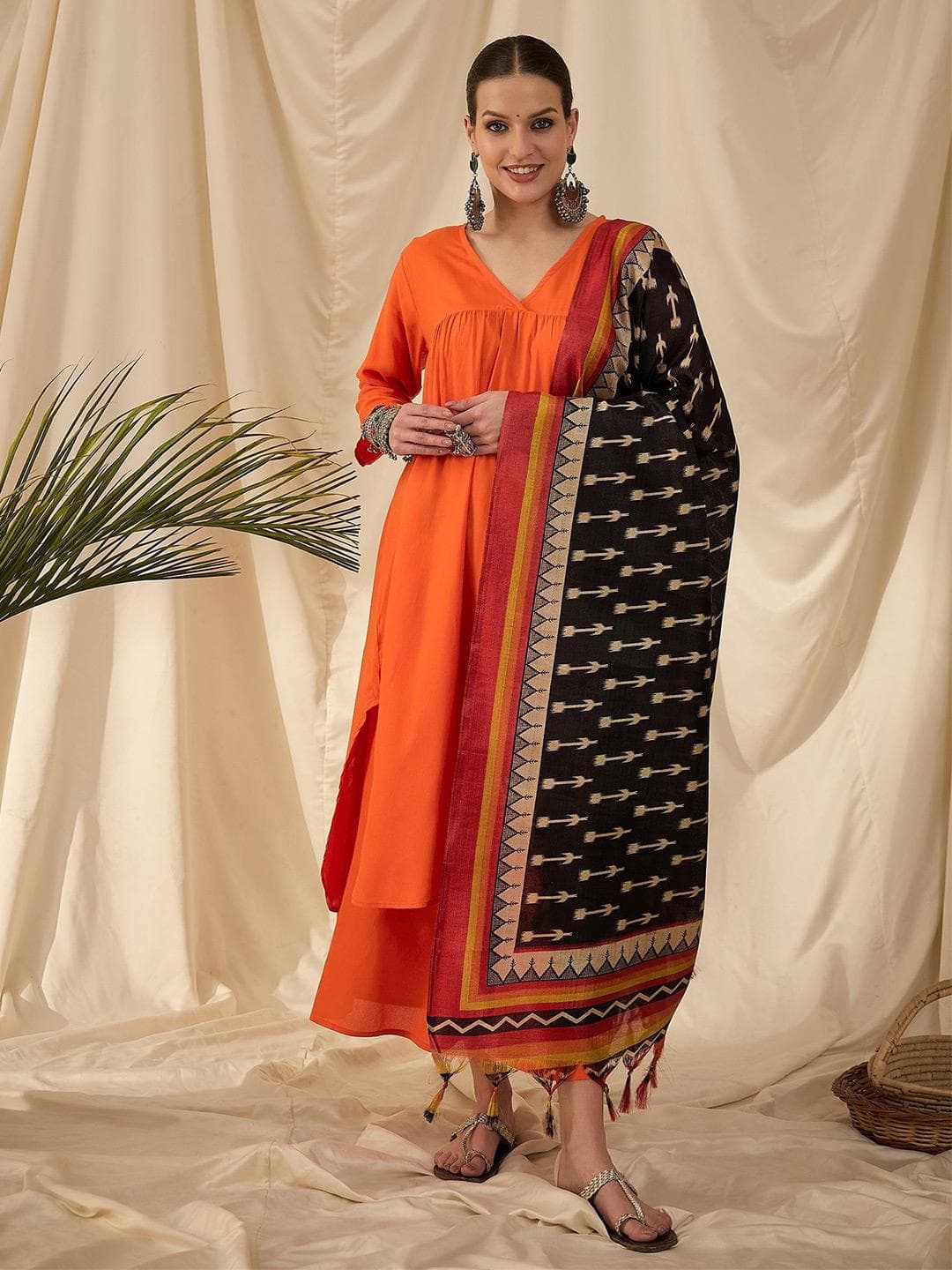 InWeave Floral Printed Tasselled Ikkat Dupatta