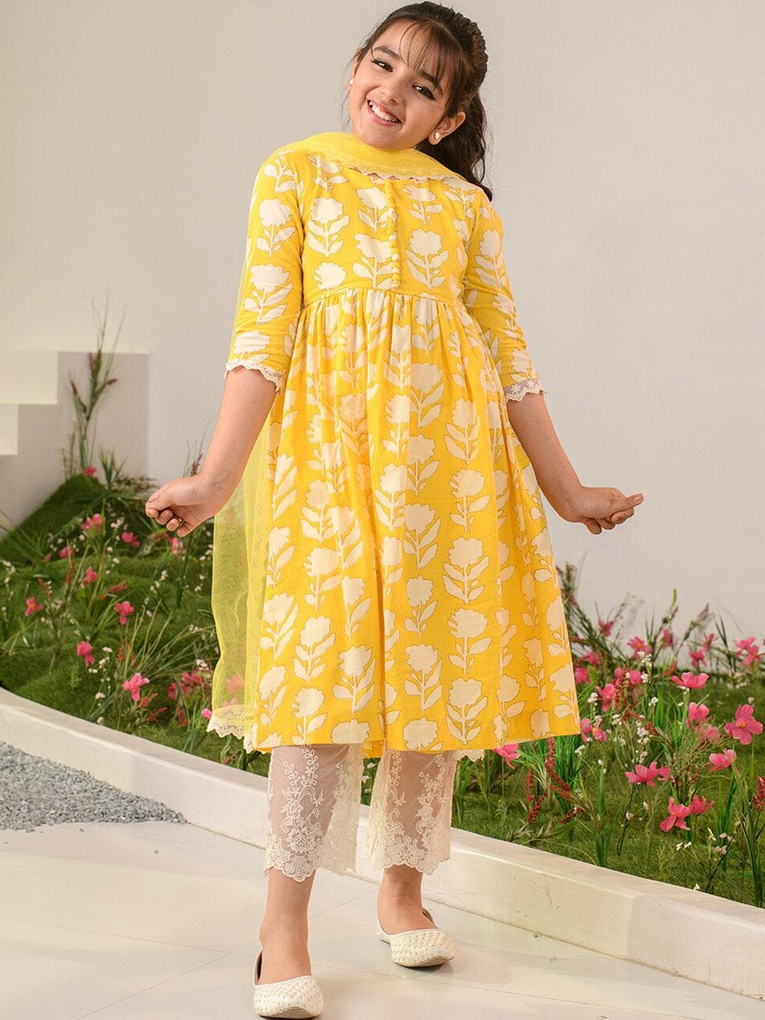 Pspeaches Girls Yellow Floral Cotton Anarkali Pant Dupatta Set