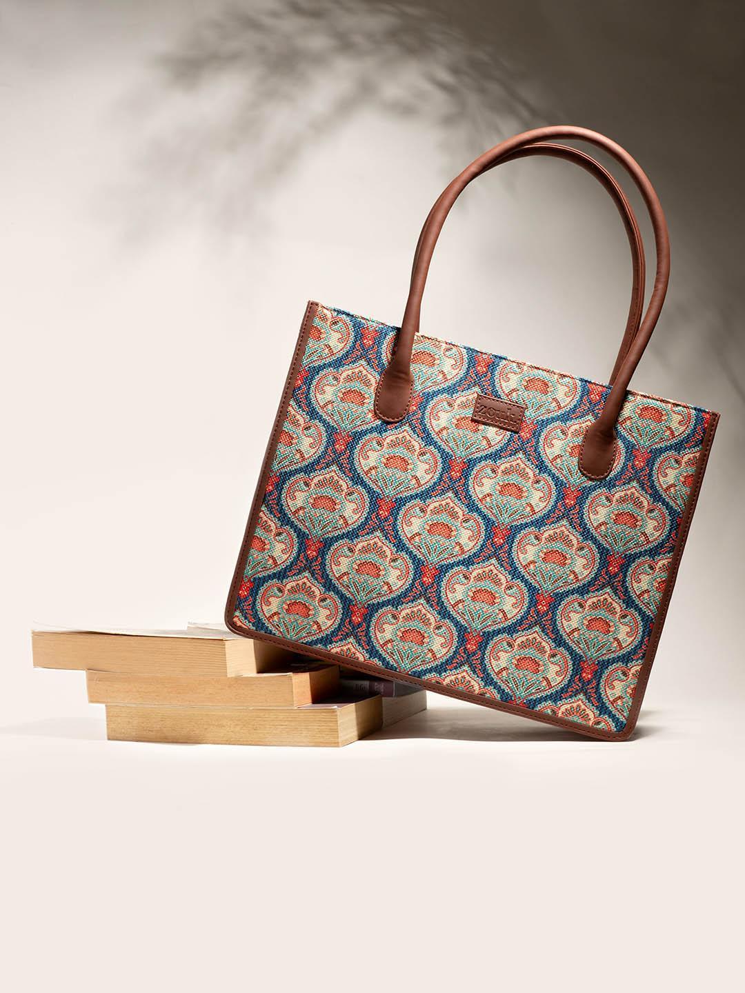 Buy ZOUK Blue Ethnic Motifs Printed Structured Jute Handheld Bag Tote - - Accessories for Women