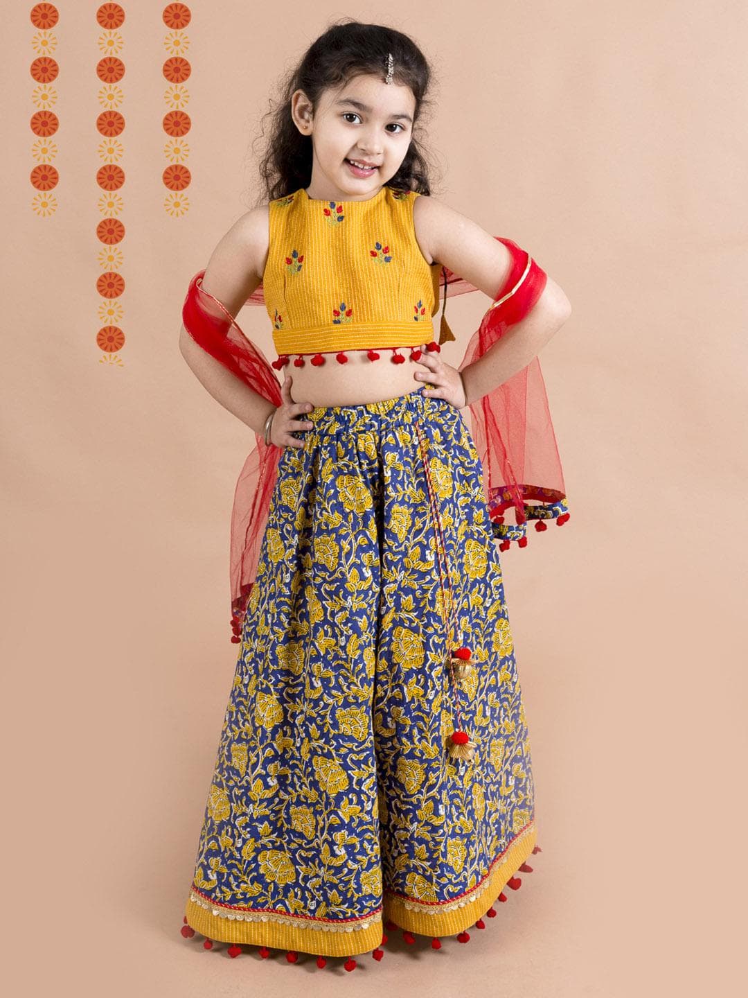 Pspeaches Girls Navy And Mustard Embroidered Cotton Lehenga Blouse Dupatta Set
