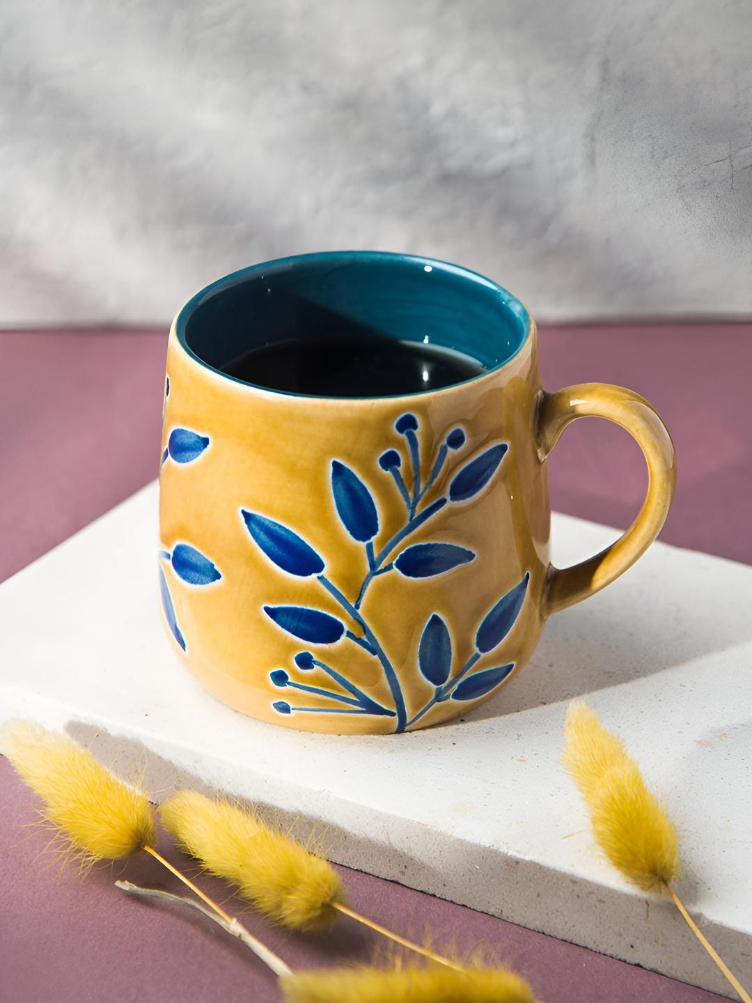 Buy Fabindia Naintara Yellow & Blue Floral Printed Ceramic Matte Mug 320ml - - Home for Unisex