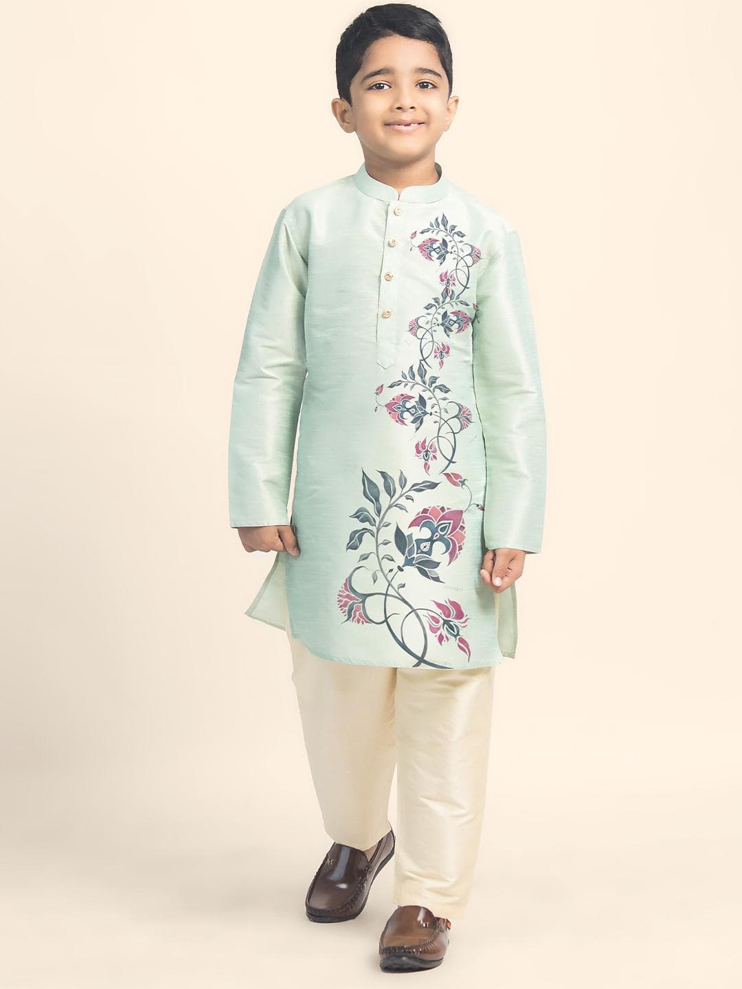 DEVOILER Boys Ethnic Motifs Printed Festive Dupion Silk Straight Kurta
