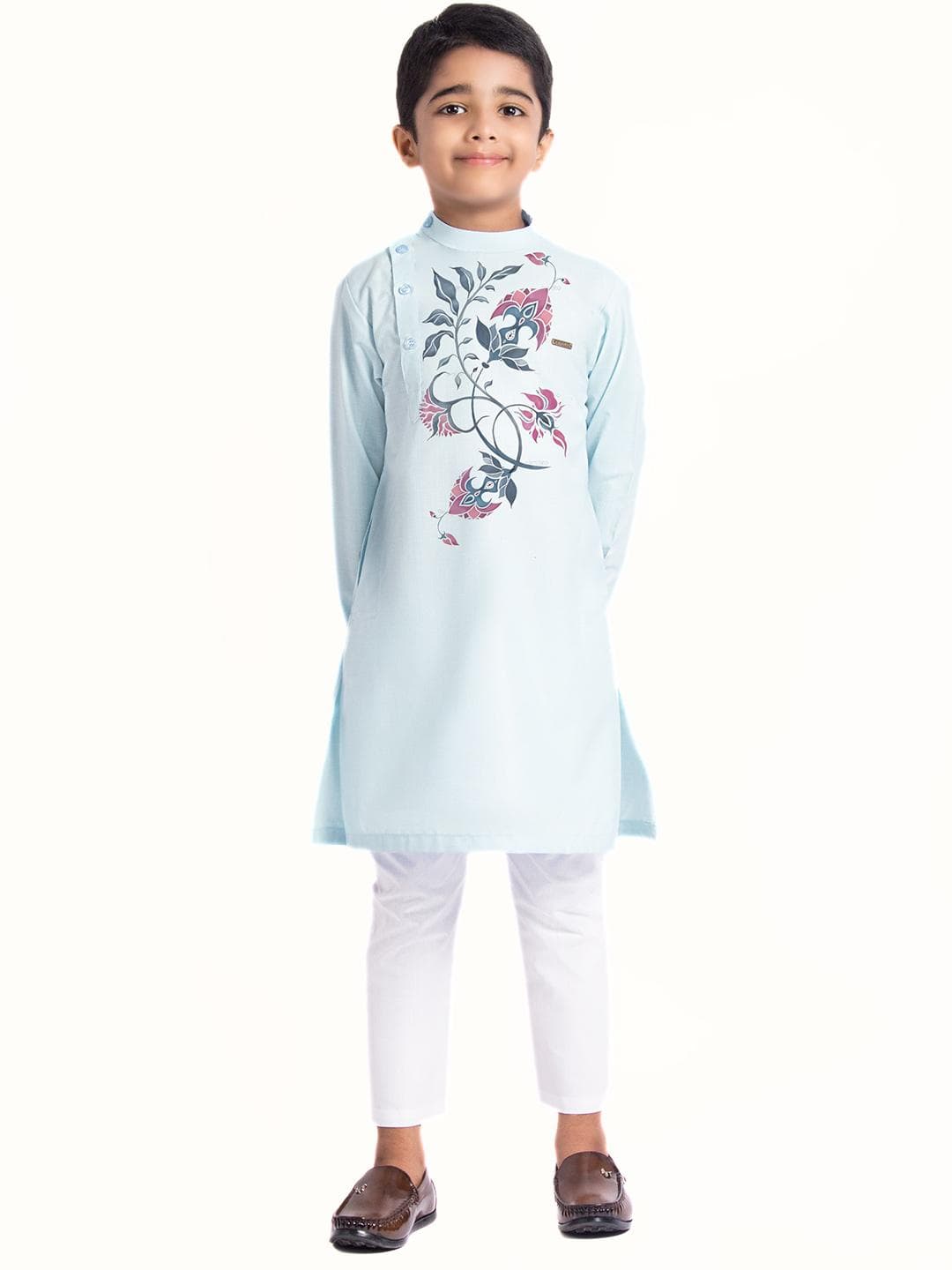 DEVOILER Boys Floral Printed Mandarin Collar Cotton Straight Kurta