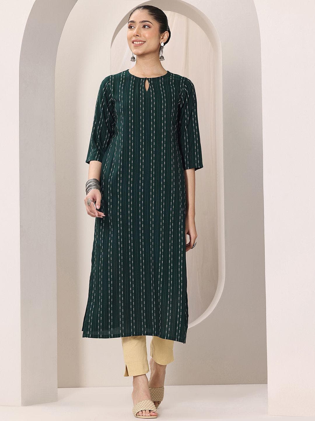 Libas Striped Woven Design Round Neck Straight Kurtas