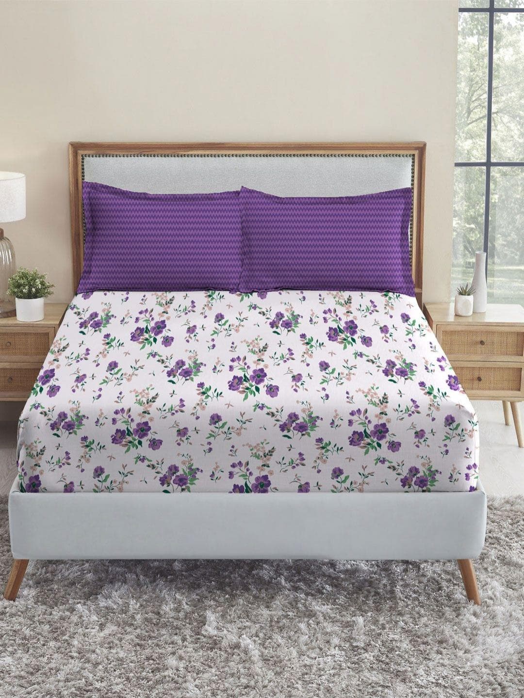 Buy MYTRIDENT Urban Comfort Purple Printed Pure Cotton 144 TC Queen Bedsheet Set 2.54 X 2.28m - - Home for Unisex