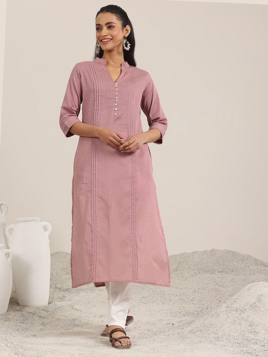 Libas Striped Mandarin Collar Cotton Straight Kurta