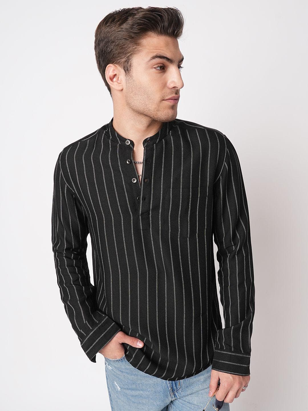 VASTRADO Striped Band Collar Thread Work Pure Cotton Straight Kurta