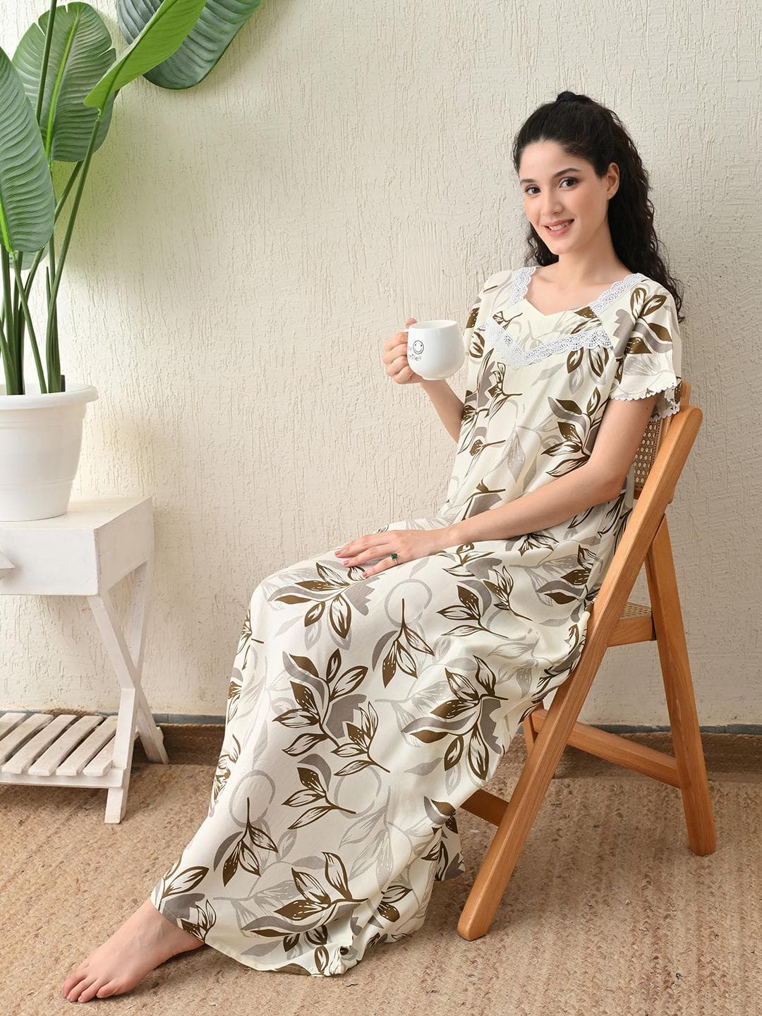 Ichaa Women Tropical Printed Round Neck Maxi Nightdress
