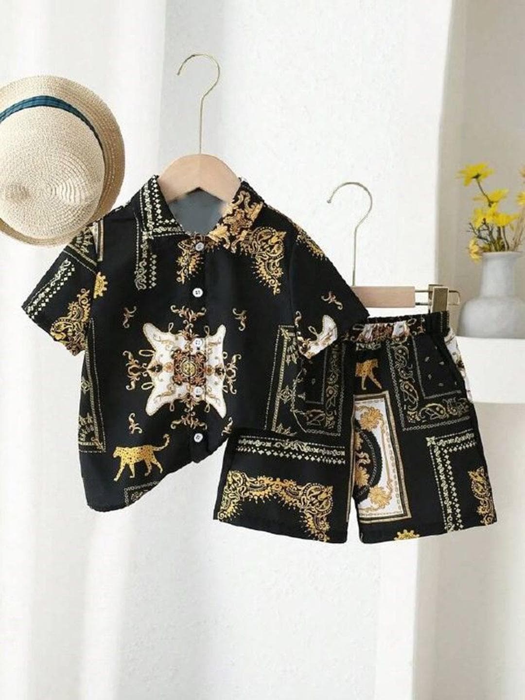 Buy FASTDEAL Boys Black Shirt Collar Short Sleeves Cotton Blend Printed Causal Co Ords Set - - Apparel for Boys