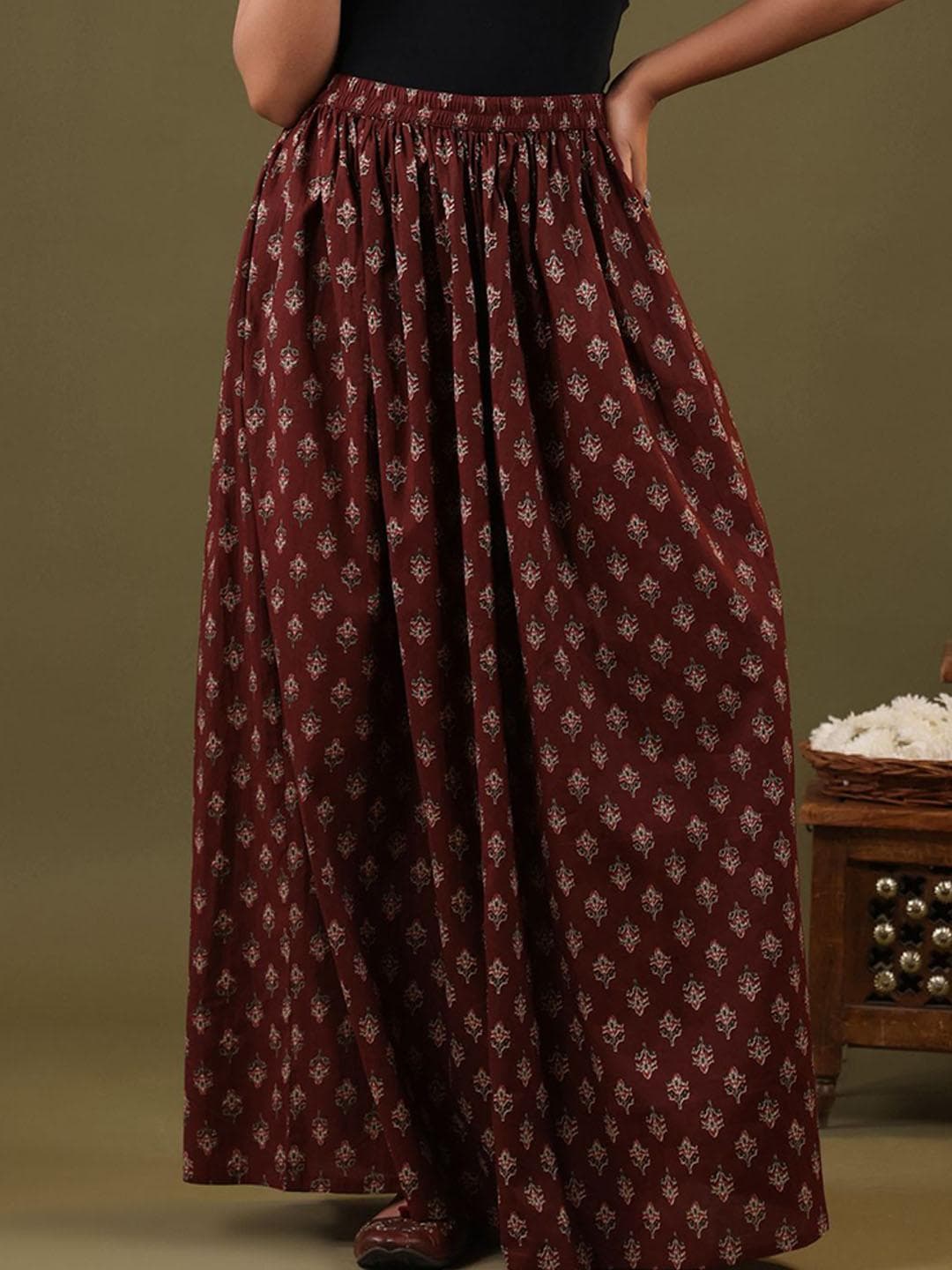 Rimeline Women Printed Pure Cotton Flared MaxiSkirt
