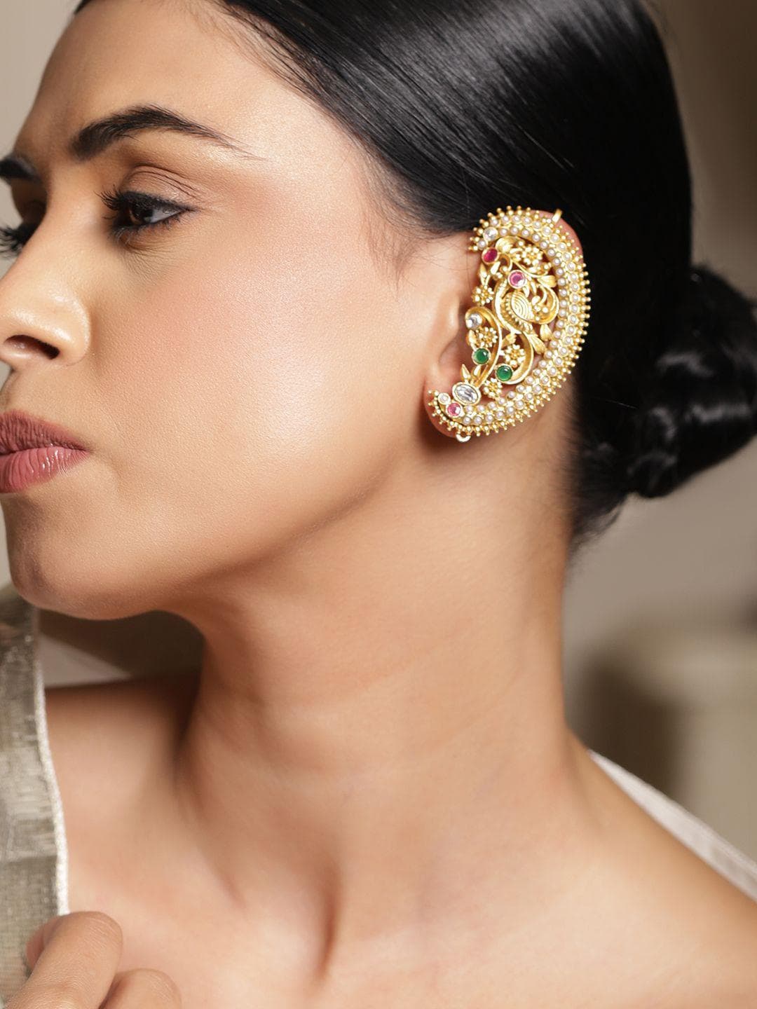 Rubans 18k Gold-Plated Oxidised Green, Pink & White Stone Peacock Motif Oversized Earcuff