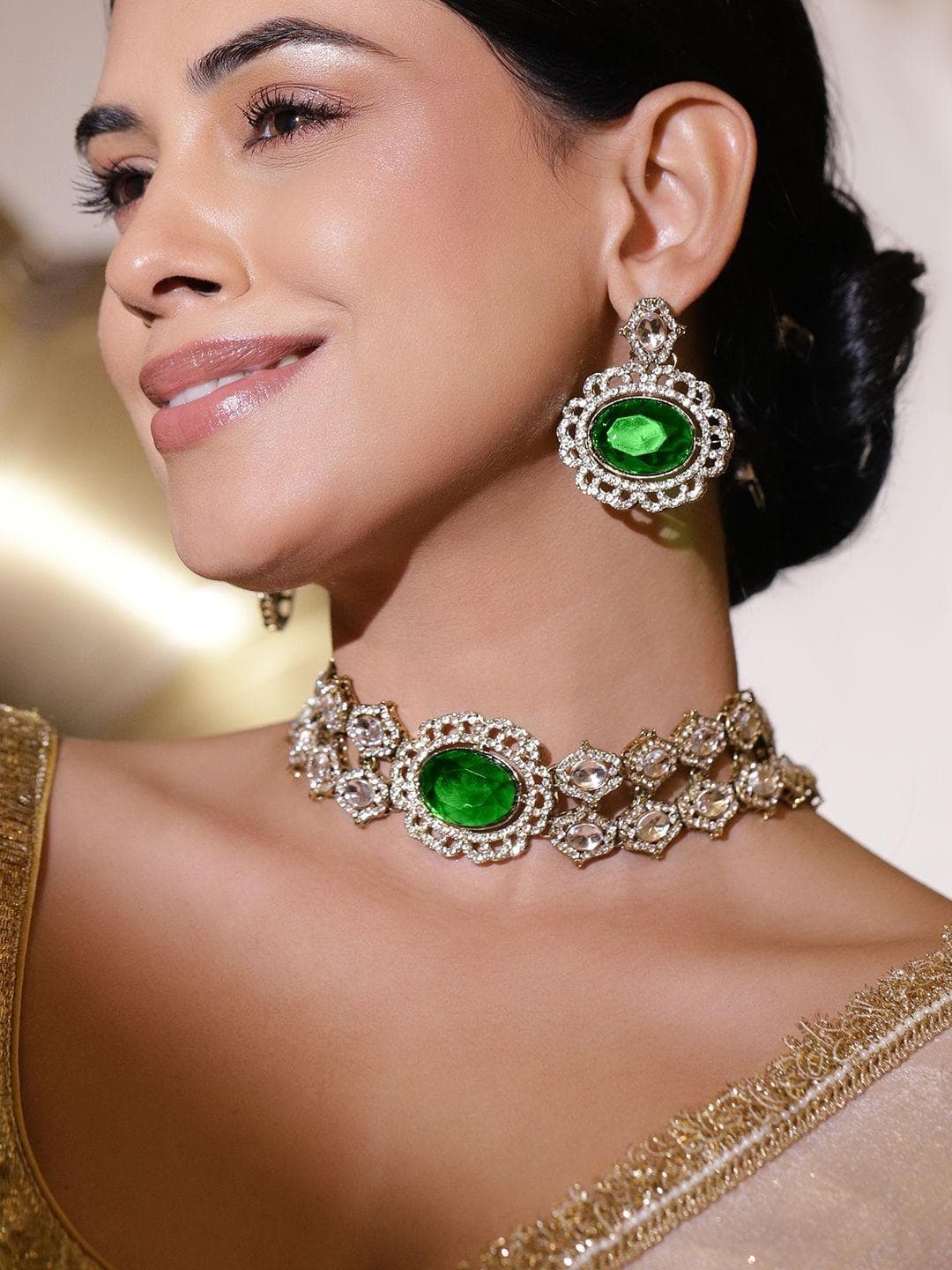 Rubans 22K Gold-Plated Emerald Green, Cubic Zirconia & White Kundan Statement Choker Set