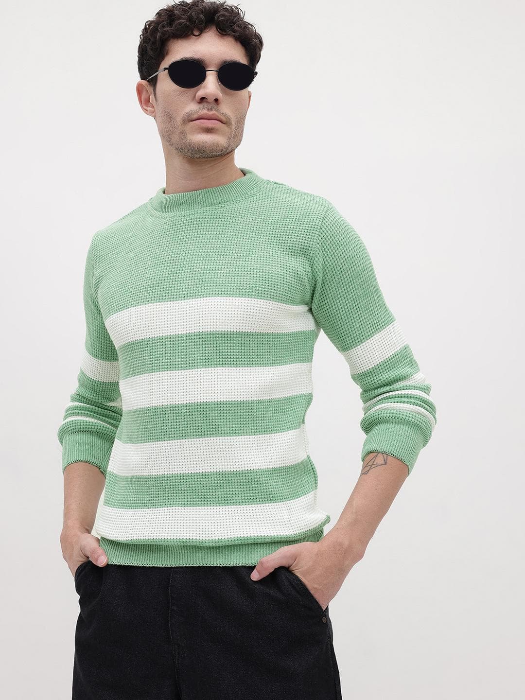 The Roadster Life Co. Men Striped Waffle Knit Pullover