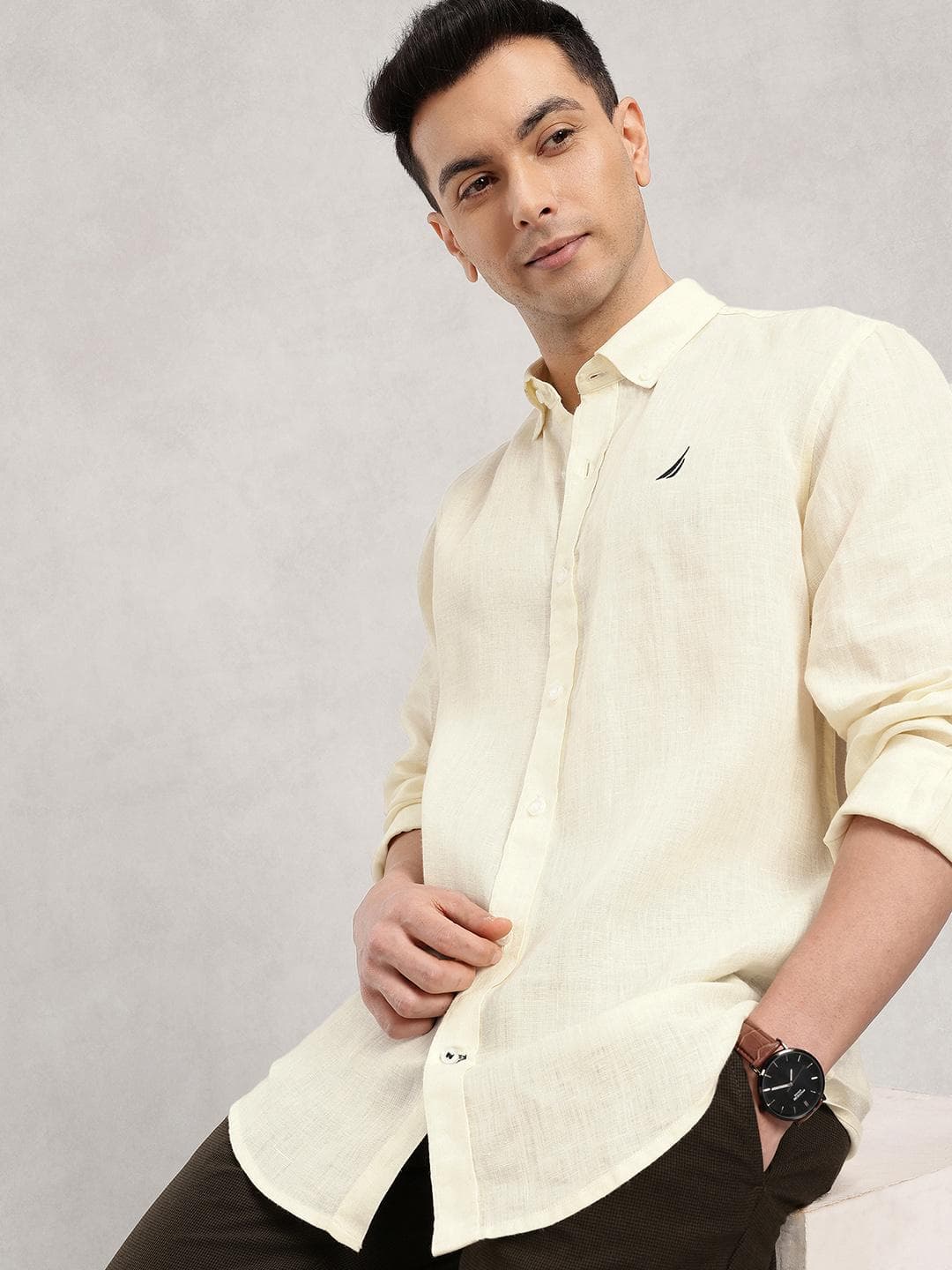 Nautica Men Slim Fit Button-Down Pure Linen Casual Shirt