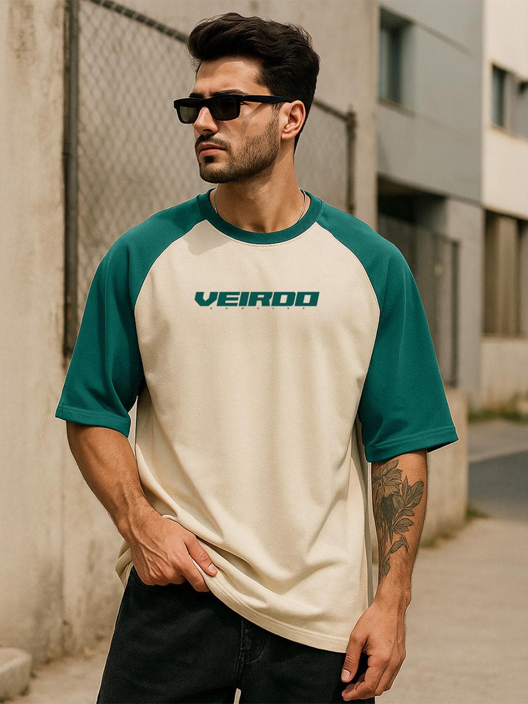 VEIRDO Men Typography Printed Raglan Sleeves Oversized Pure Cotton T-shirt