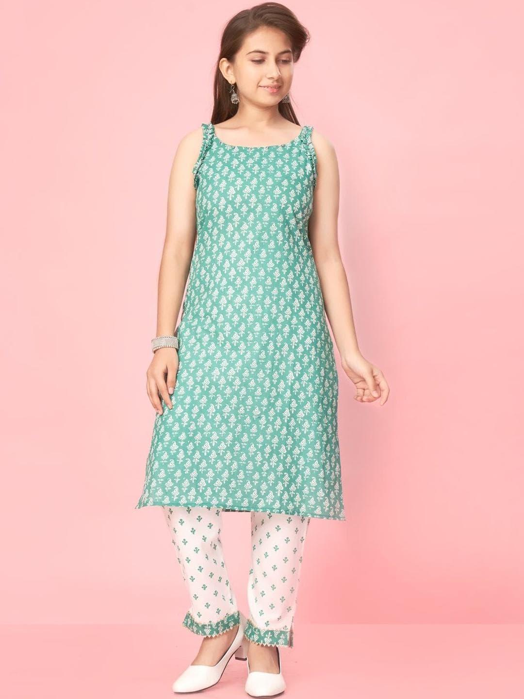Sangria Girls Printed Pure Cotton Round-Neck Calf Length Straight Kurta