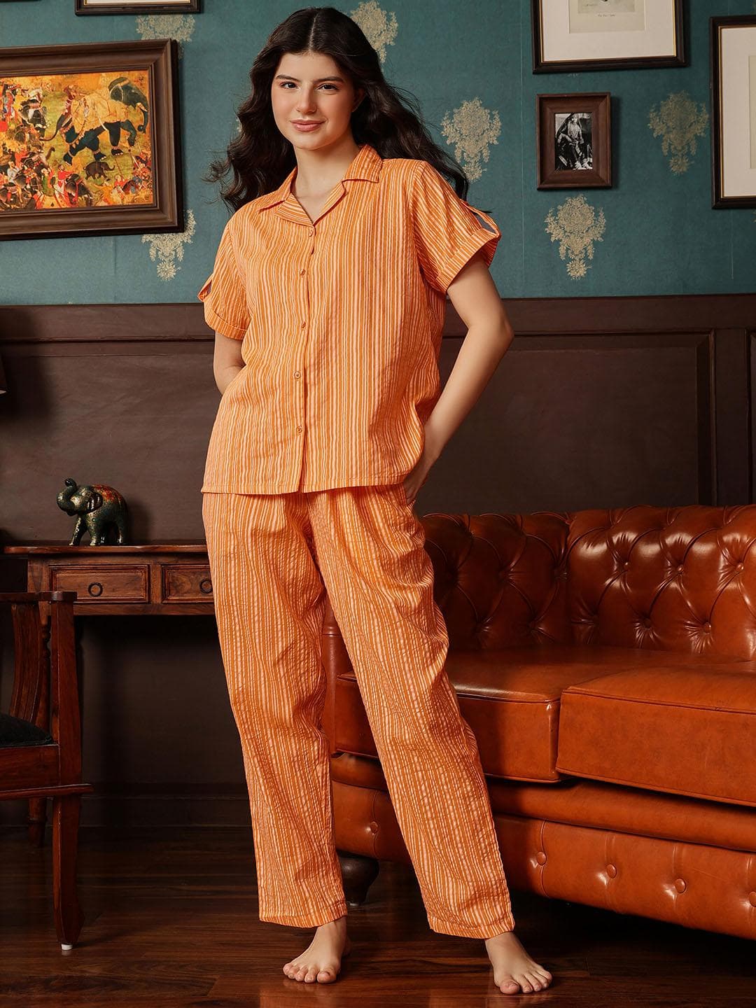 Clovia Women Brown Striped Night suit