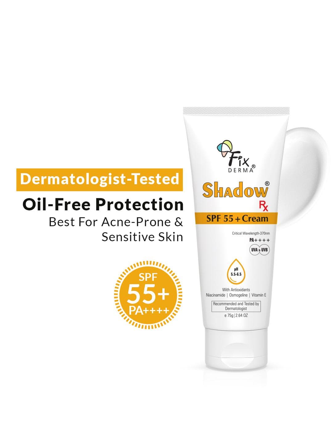 FIXDERMA Shadow SPF 55+ Cream PA++++ - Sunscreen for Dry Skin - Hybrid Sunscreen - 75gm