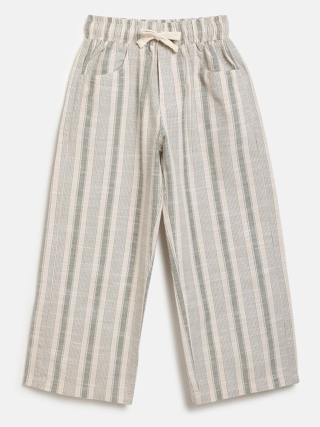 Peach Boys Olive Striped Pure Cotton Relaxed Fit Trousers