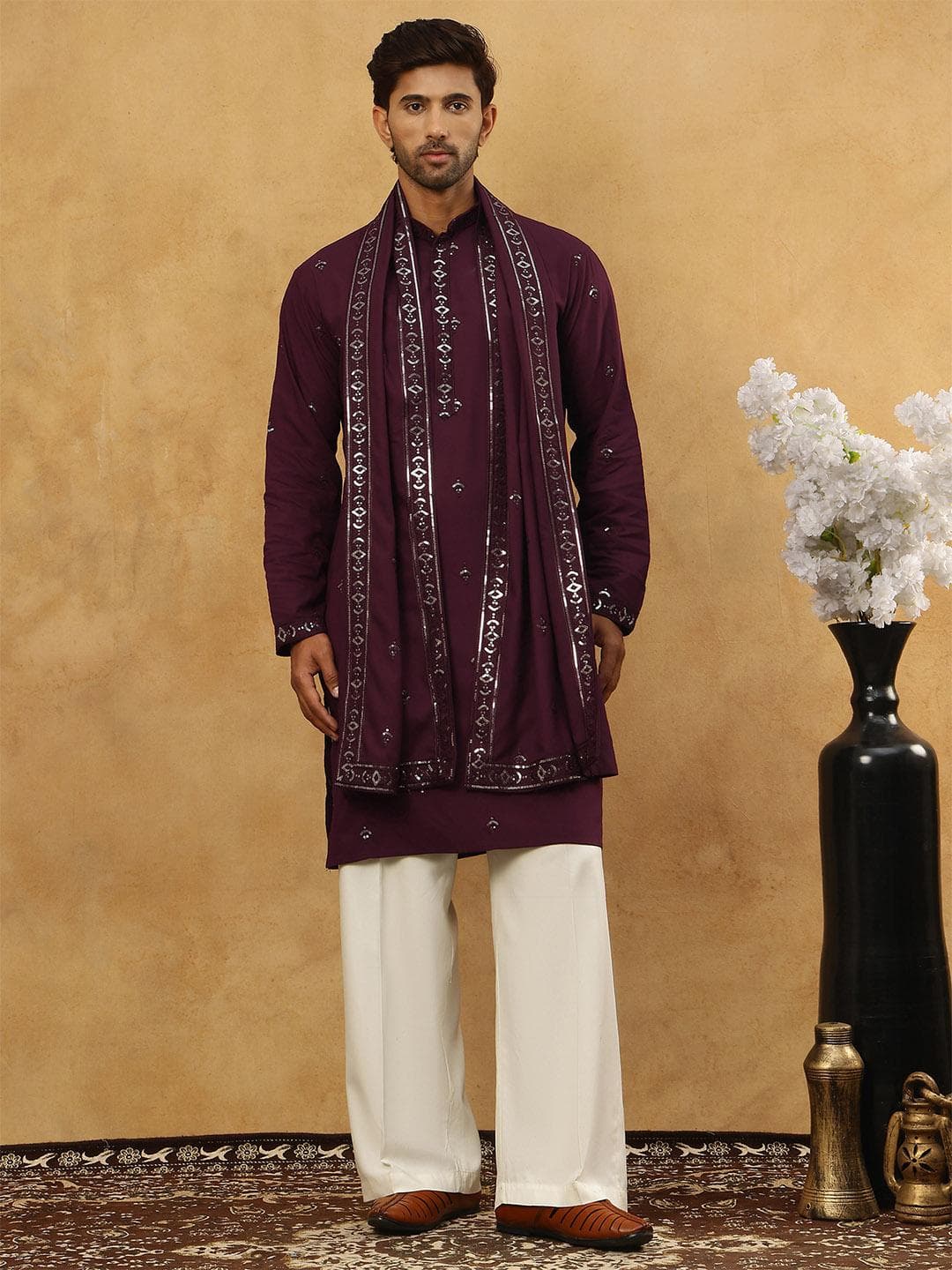 Jompers Floral Embroidered Regular Sequinned Kurta With Korean Pants & Dupatta