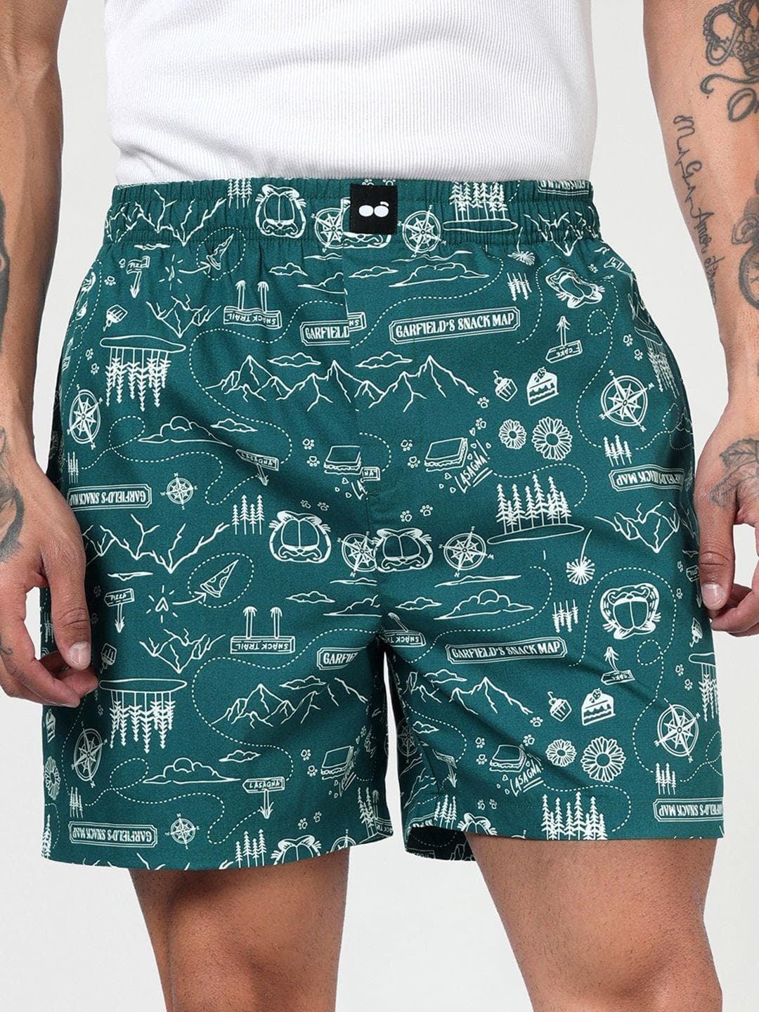 Buy Bewakoof Men Forest Green Garfield All Over Printed Cotton Boxers - - Apparel for Men