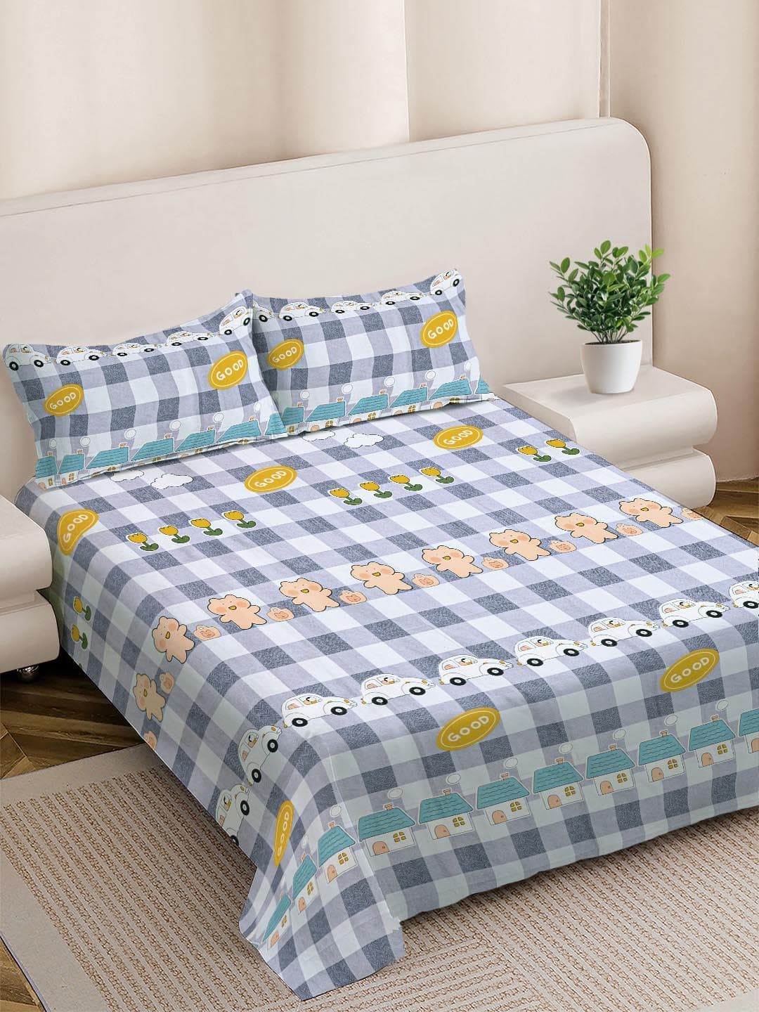 FABINALIV Grey Cartoon Print Polycotton 300 TC King Fine Bedsheet with 2 Pillow Covers