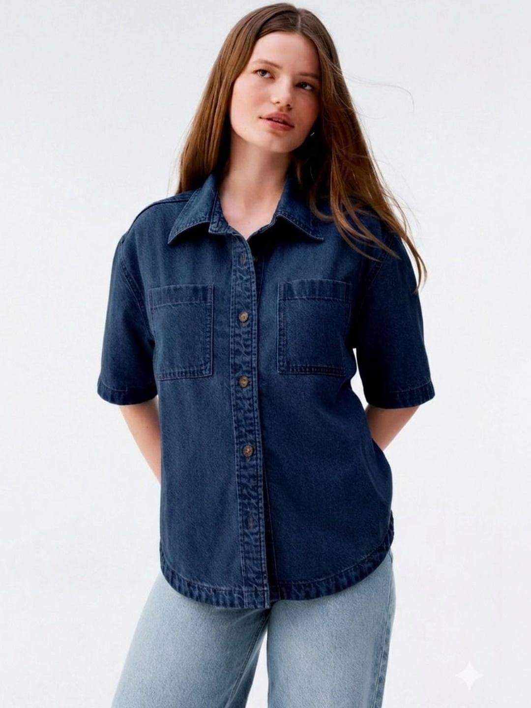 CORSICA Women Solid Spread Collar Denim Casual Shirt