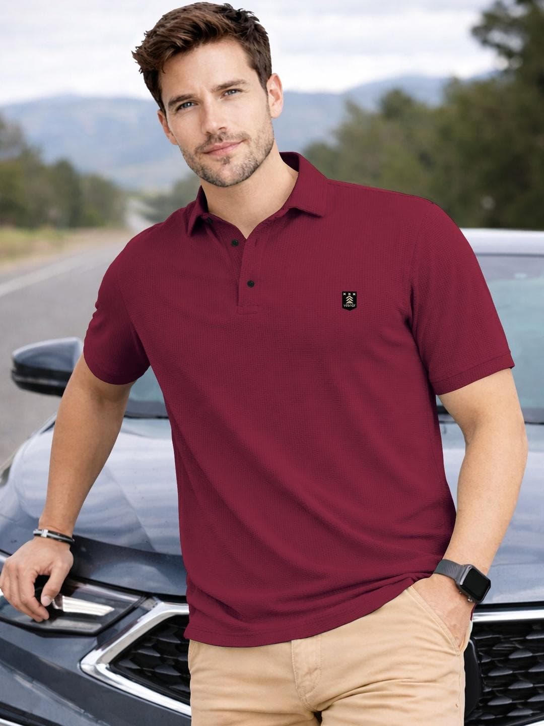 VeBNoR Self Design Polo Collar T-shirt