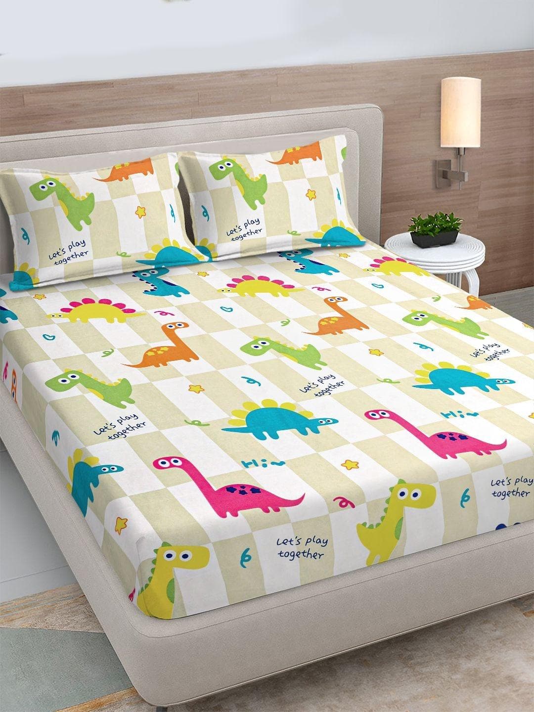 Buy FABINALIV Cream Coloured Conversational 300 TC King Bedsheet With 2 Pillow Covers - - Home for Unisex Kids