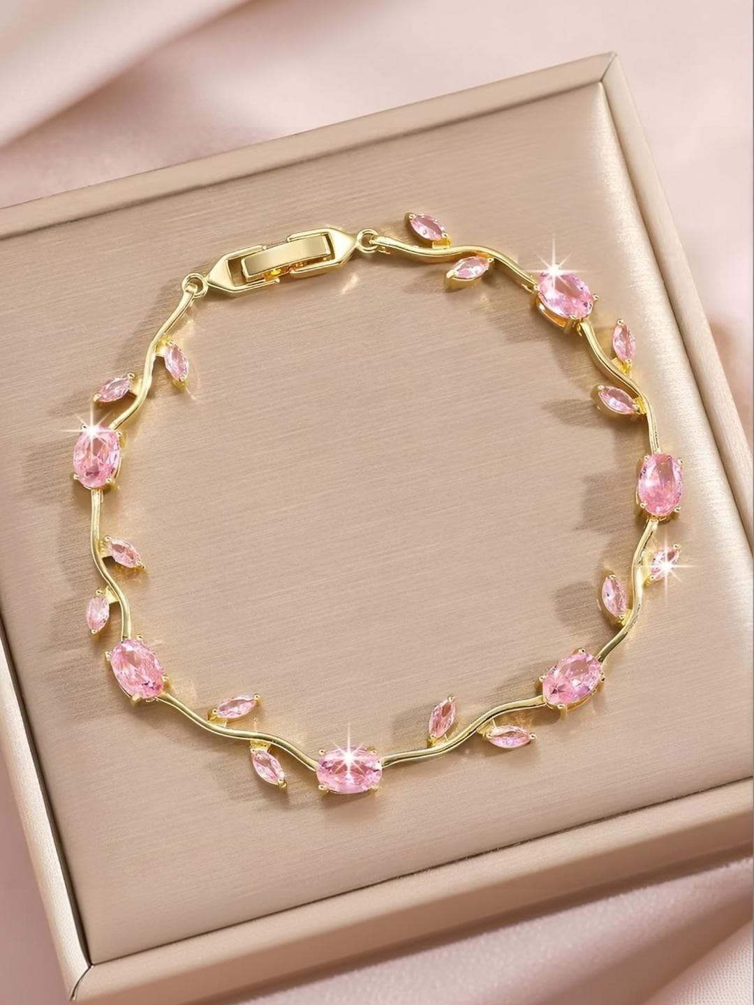 Inites Anti Tarnish Floral Pink Crystal Stones Tulip Bracelet