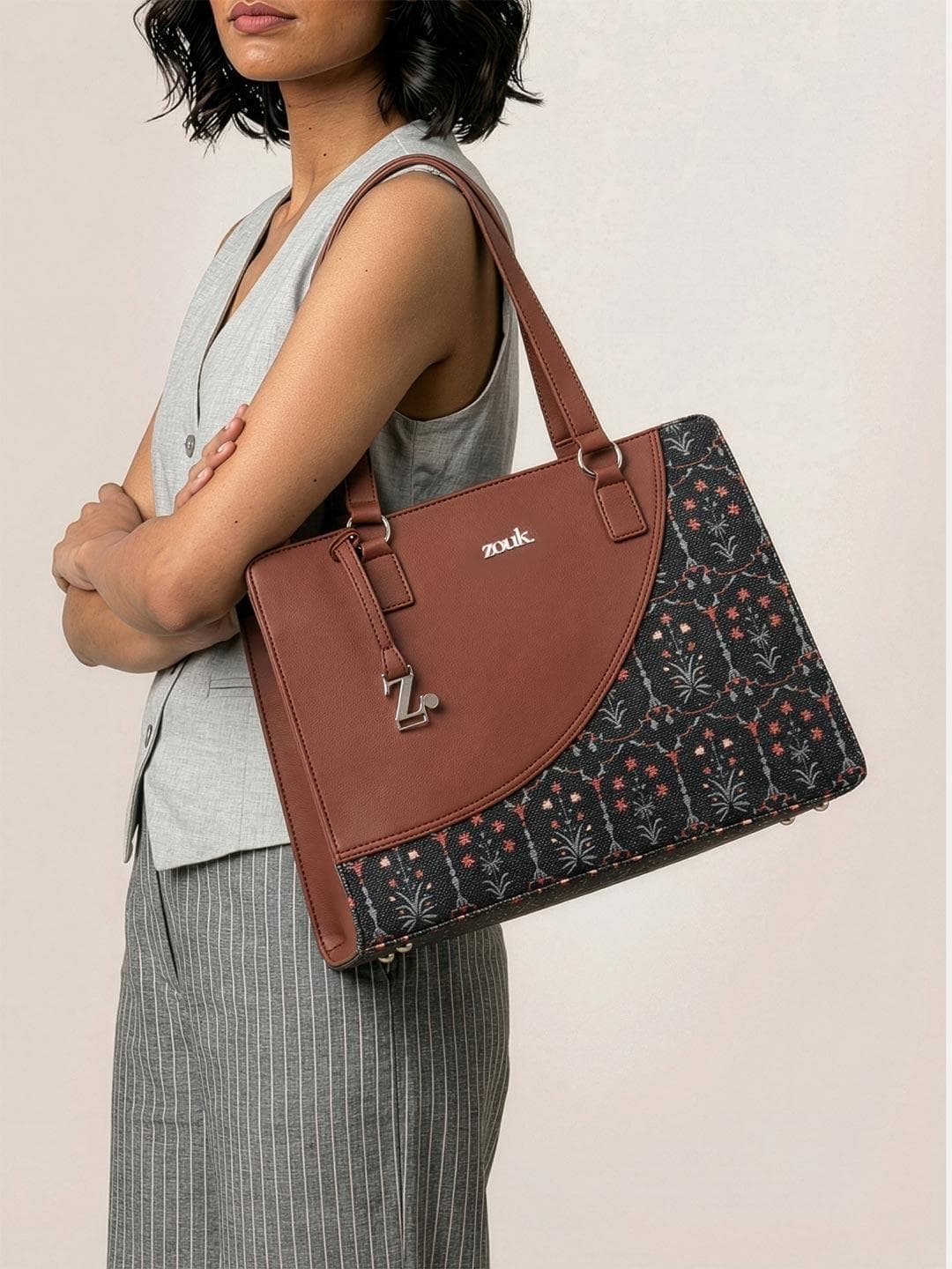 ZOUK Floral Printed Structured Handheld Tote Bag