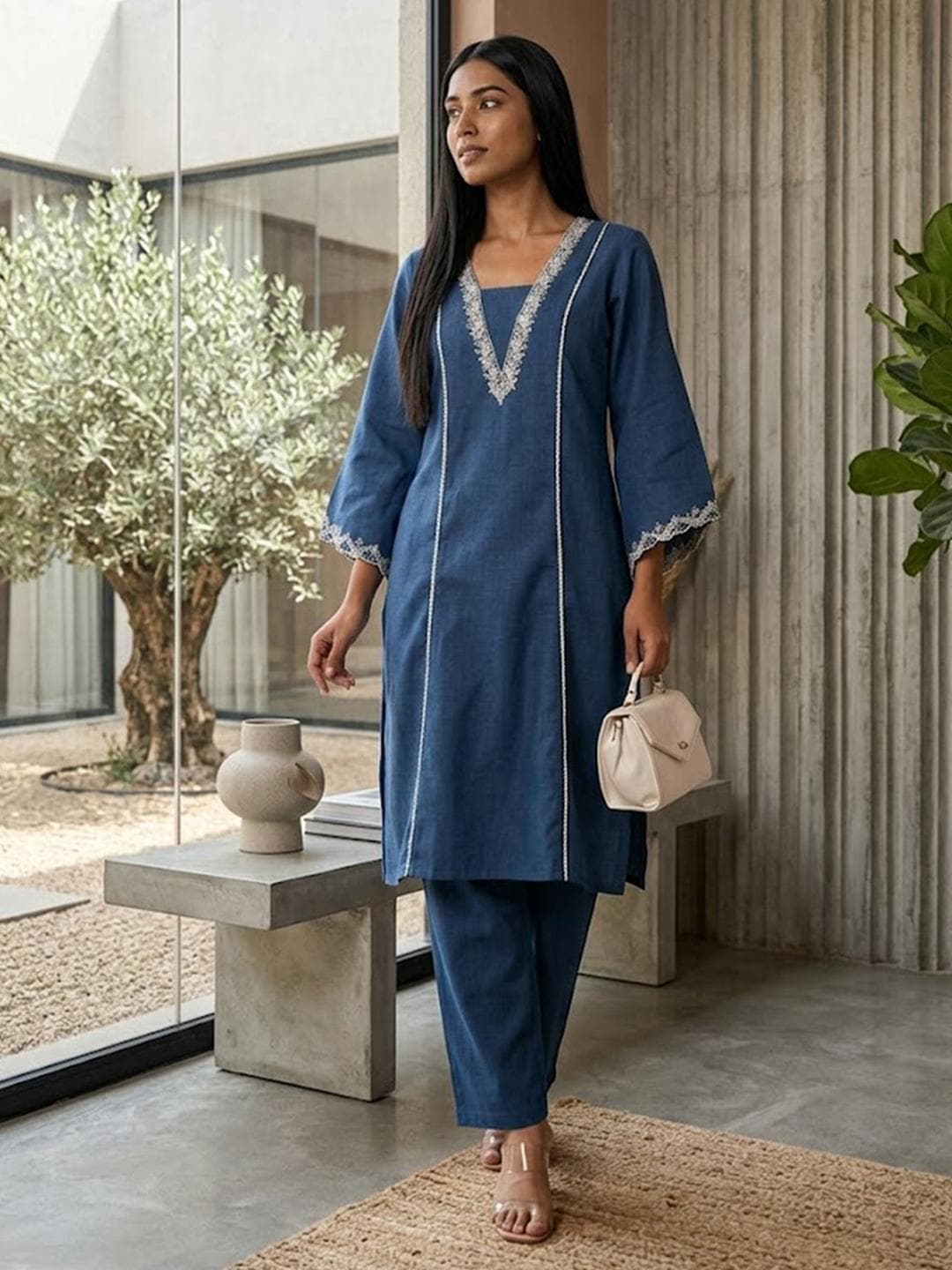 Buy Varanga Navy Blue And White Square Neck Floral Embroidered Top With Trouser - - Apparel for Women
