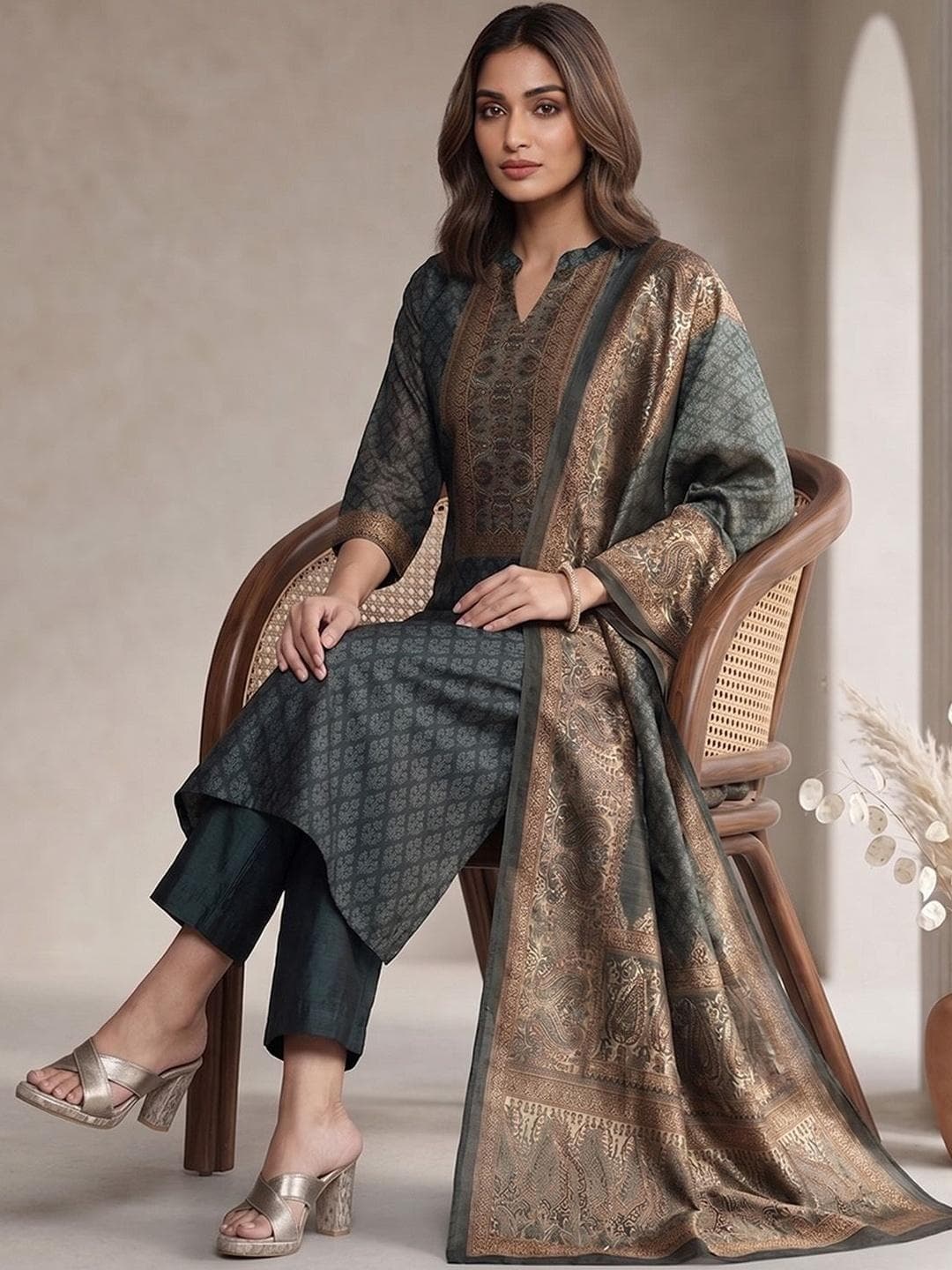Varanga Women Ethnic Motifs Printed Regular Chanderi Silk Kurta with Trousers & With Dupatta