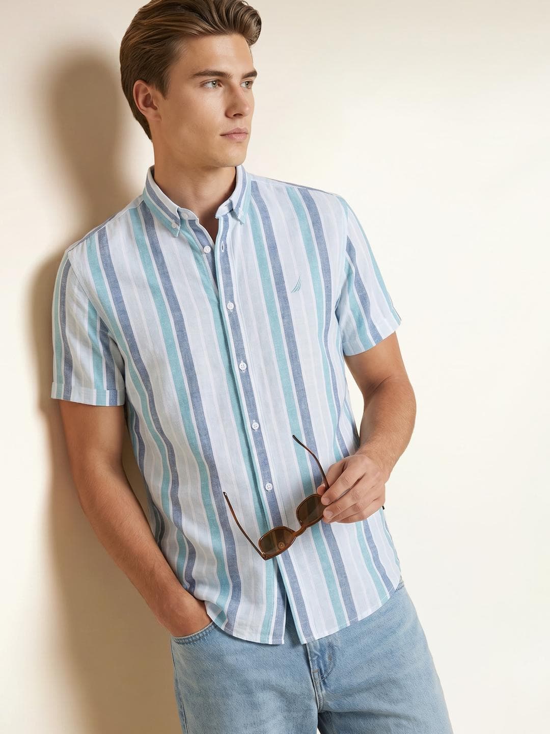 Nautica Slim Fit Striped Cotton Linen Casual Shirt