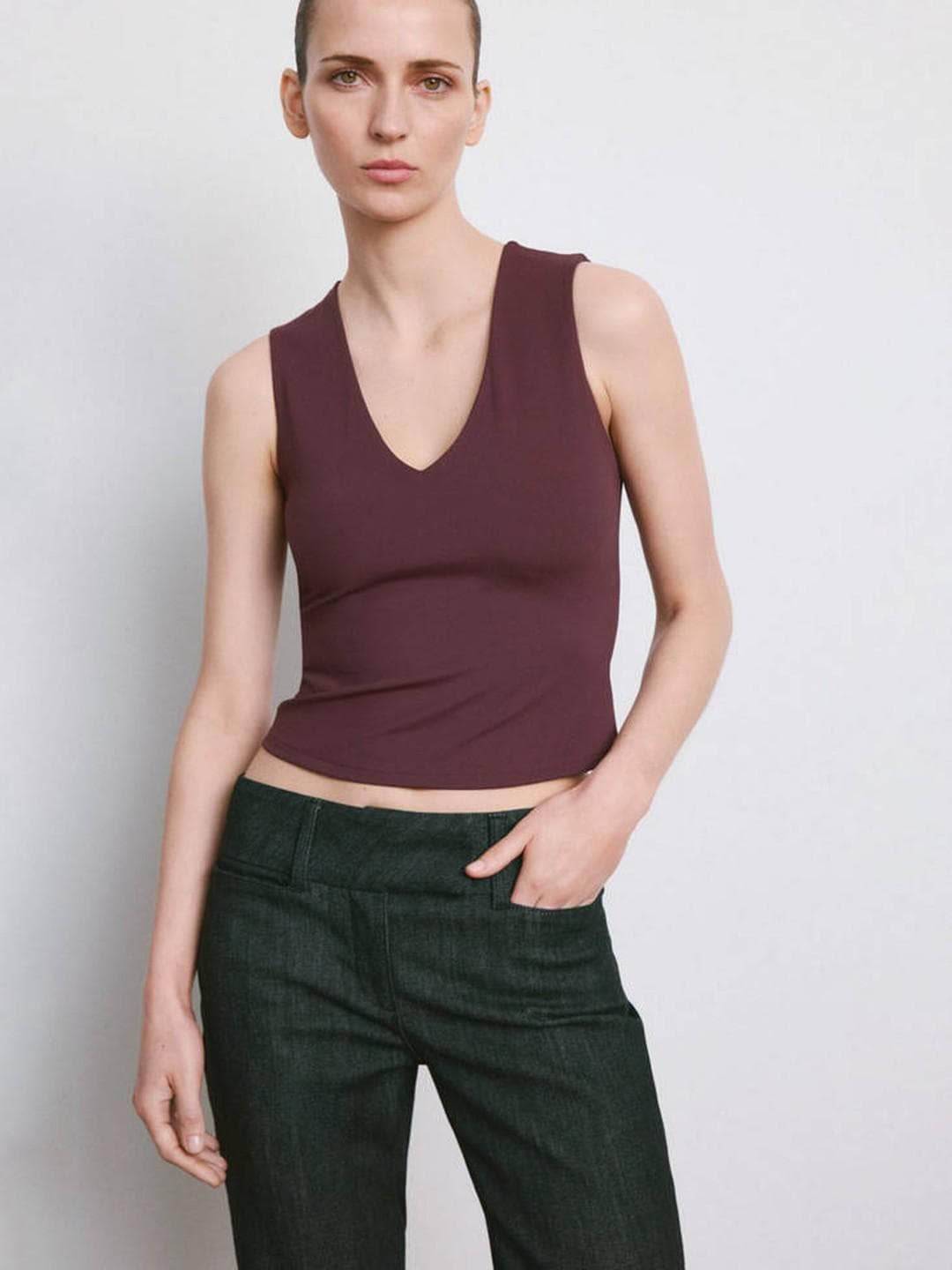 MANGO Solid V-Neck Tops