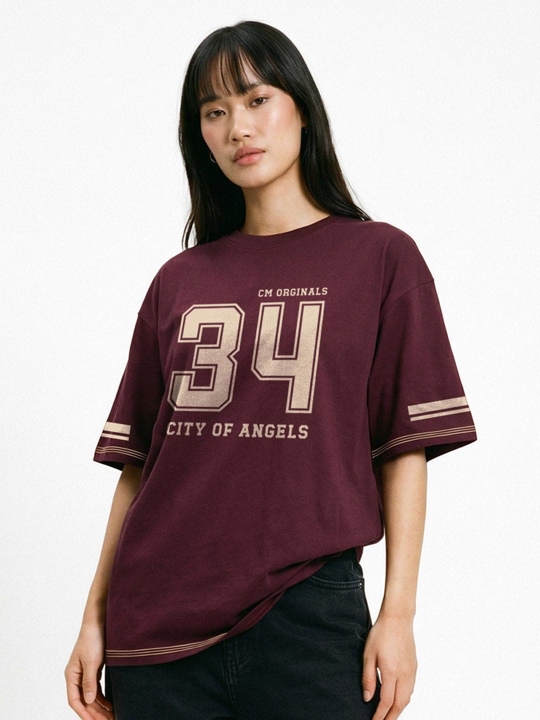 Crazymonk Women Printed Applique Round Neck Cotton Oversized T-shirt