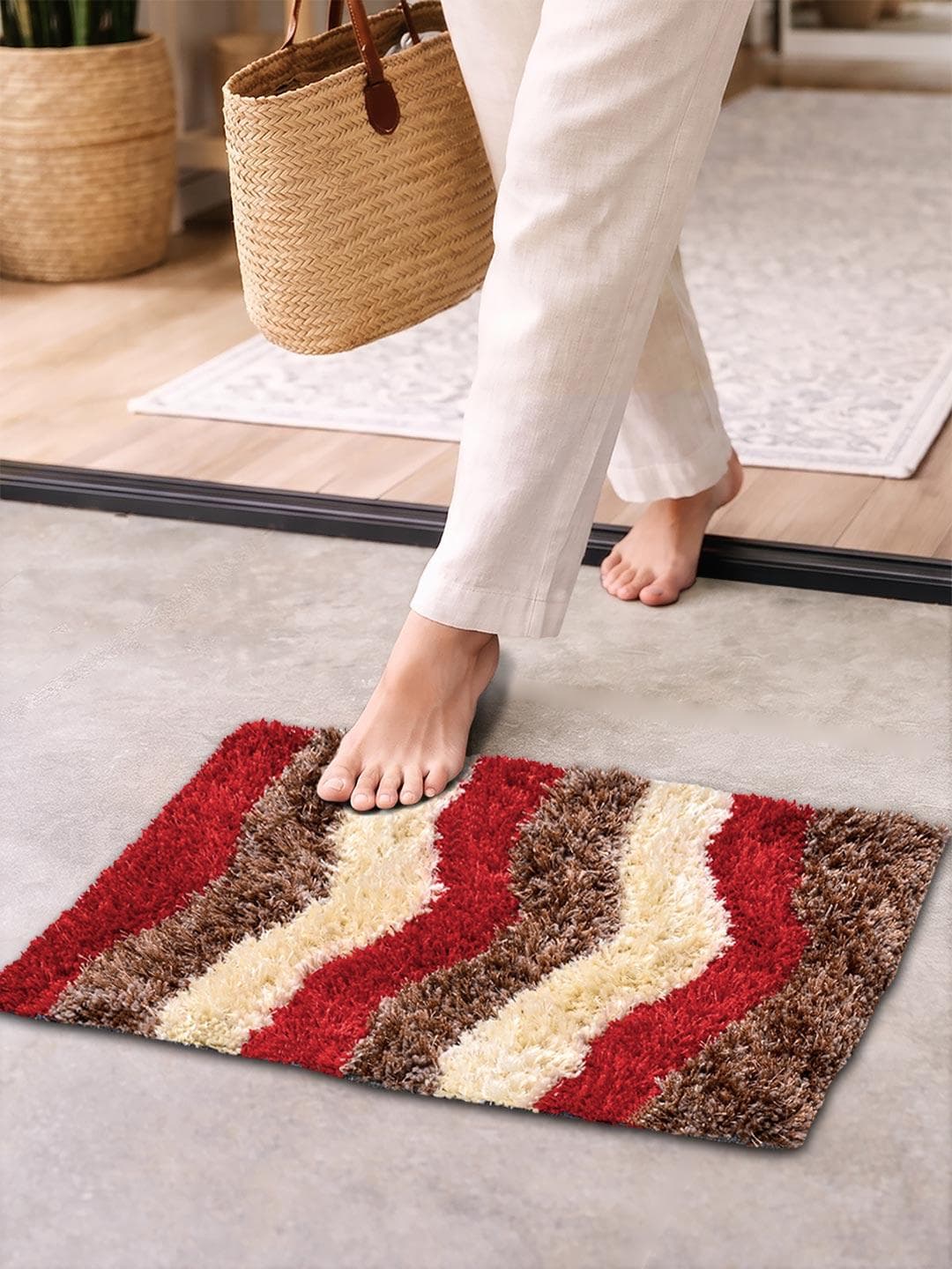FABINALIV Red & Brown Abstract Rectangular Shaped Anti-Skid Doormat