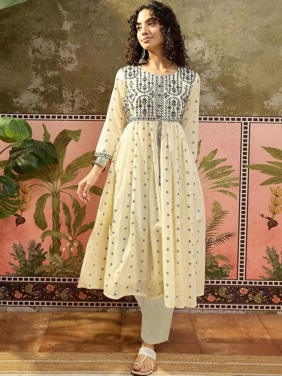 Sangria Embroidered Round Neck Calf Length A-Line Flared Kurta