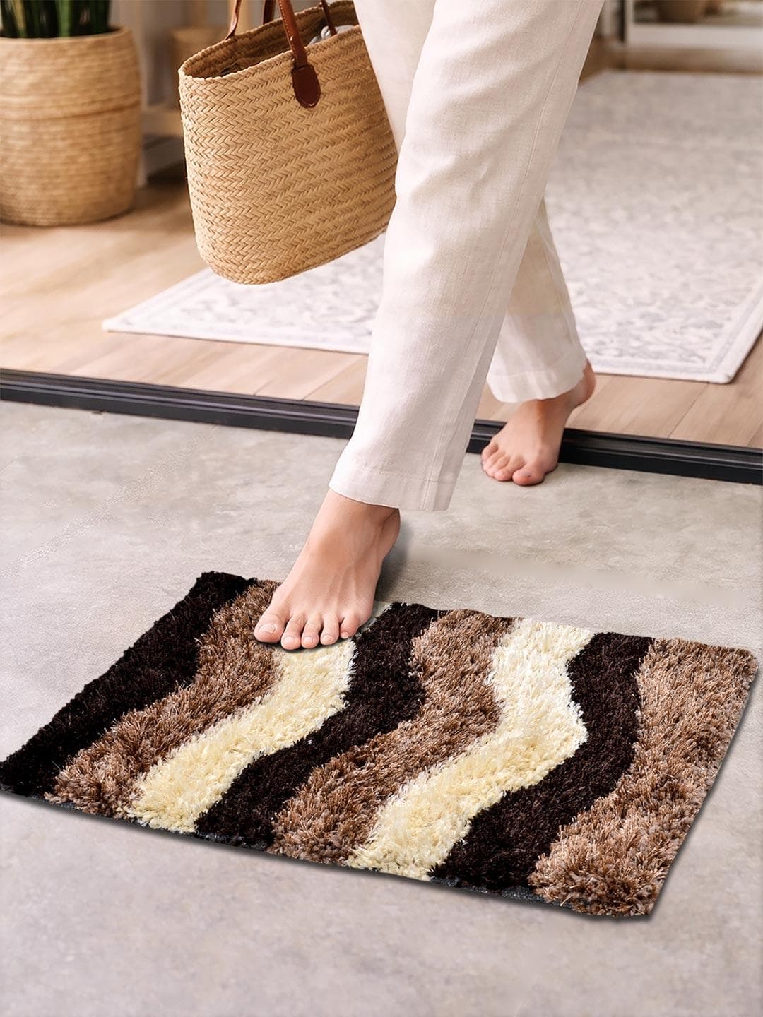 FABINALIV Brown & Cream Coloured Abstract Anti-Skid Doormat