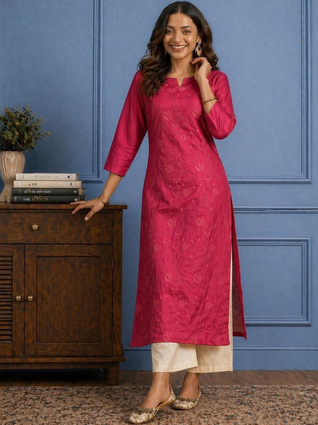 Sangria Embroidered Chanderi Silk Round Neck Calf Length Straight Kurtas