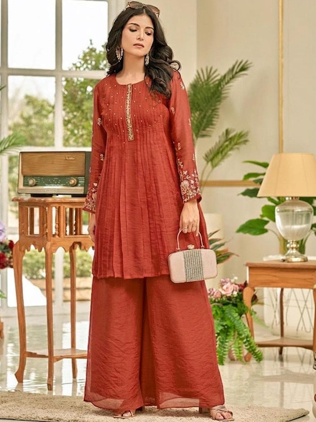 Varanga Women Ethnic Motifs Embroidered Pleated Thread Work Kurti with Palazzos