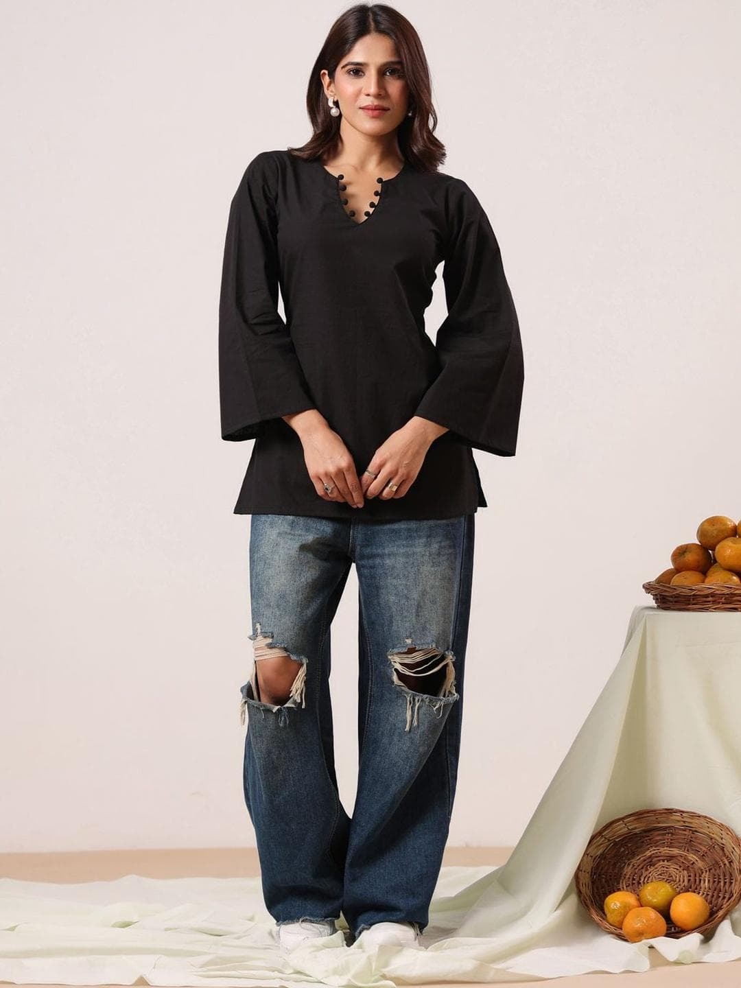 Rimeline V-Neck Flared Sleeves Pure Cotton Kurti