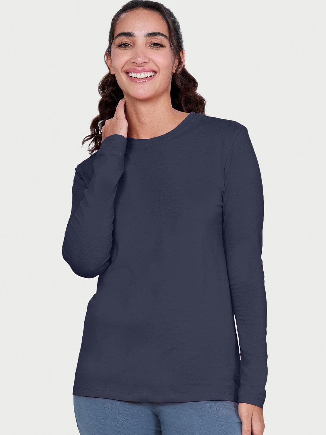 Enamor Women Navy Slim Fit Long Sleeve Crew T-shirt