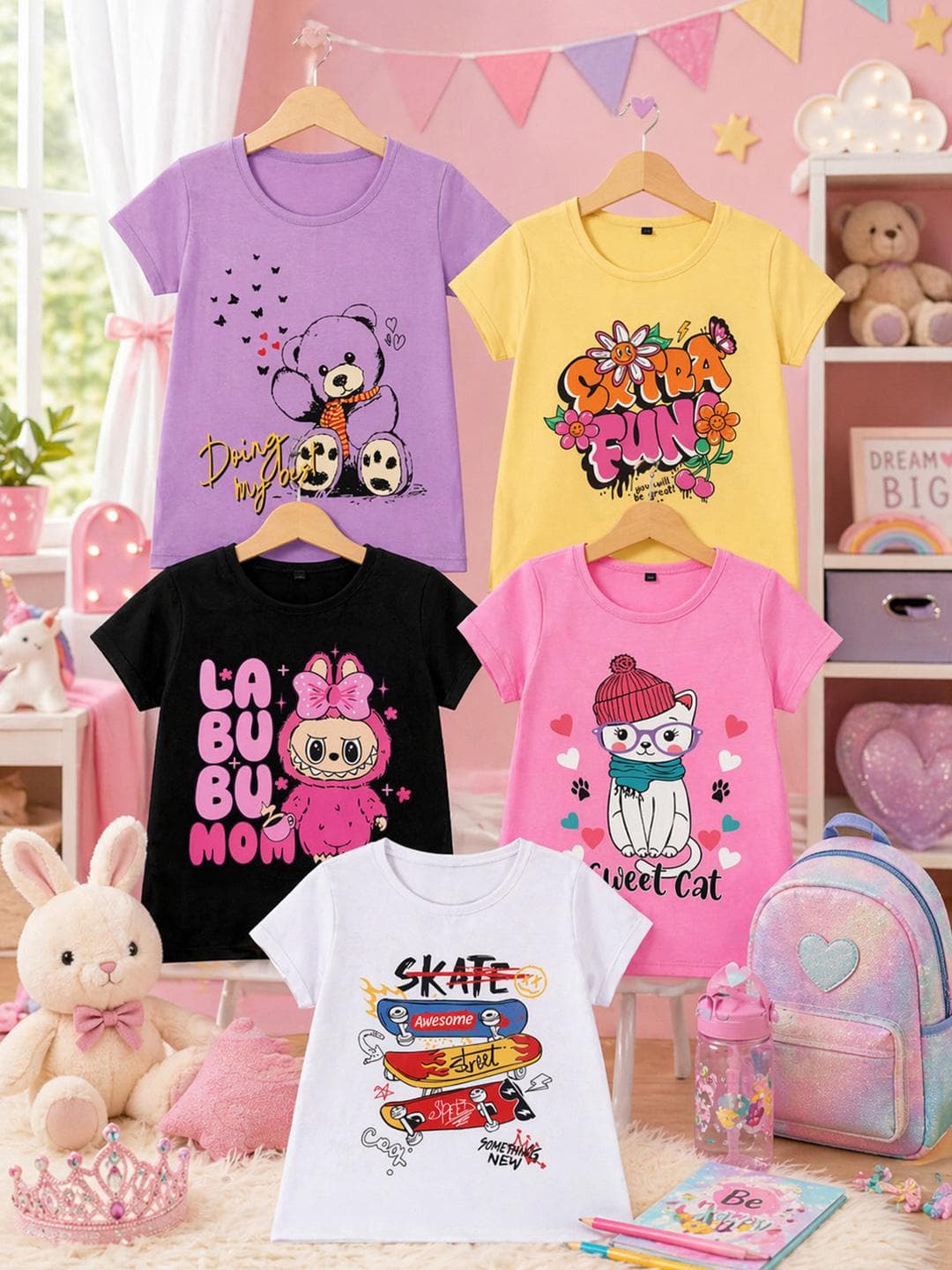 FAZZA Girls Pack of 5 Graphic Printed Cotton T-shirt