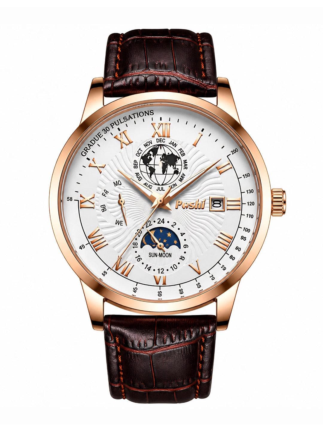 Poshi Men Round Dial Genuine Leather Strap Watch with Adjustable Clasp