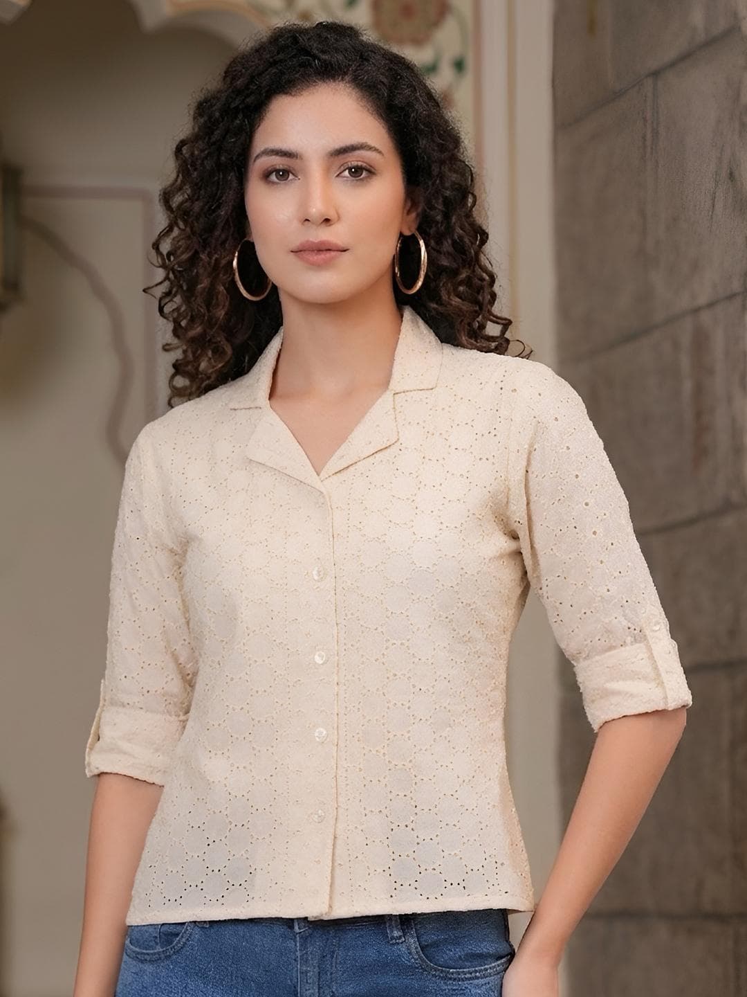 KEIYONA Print Cotton Crop Shirt