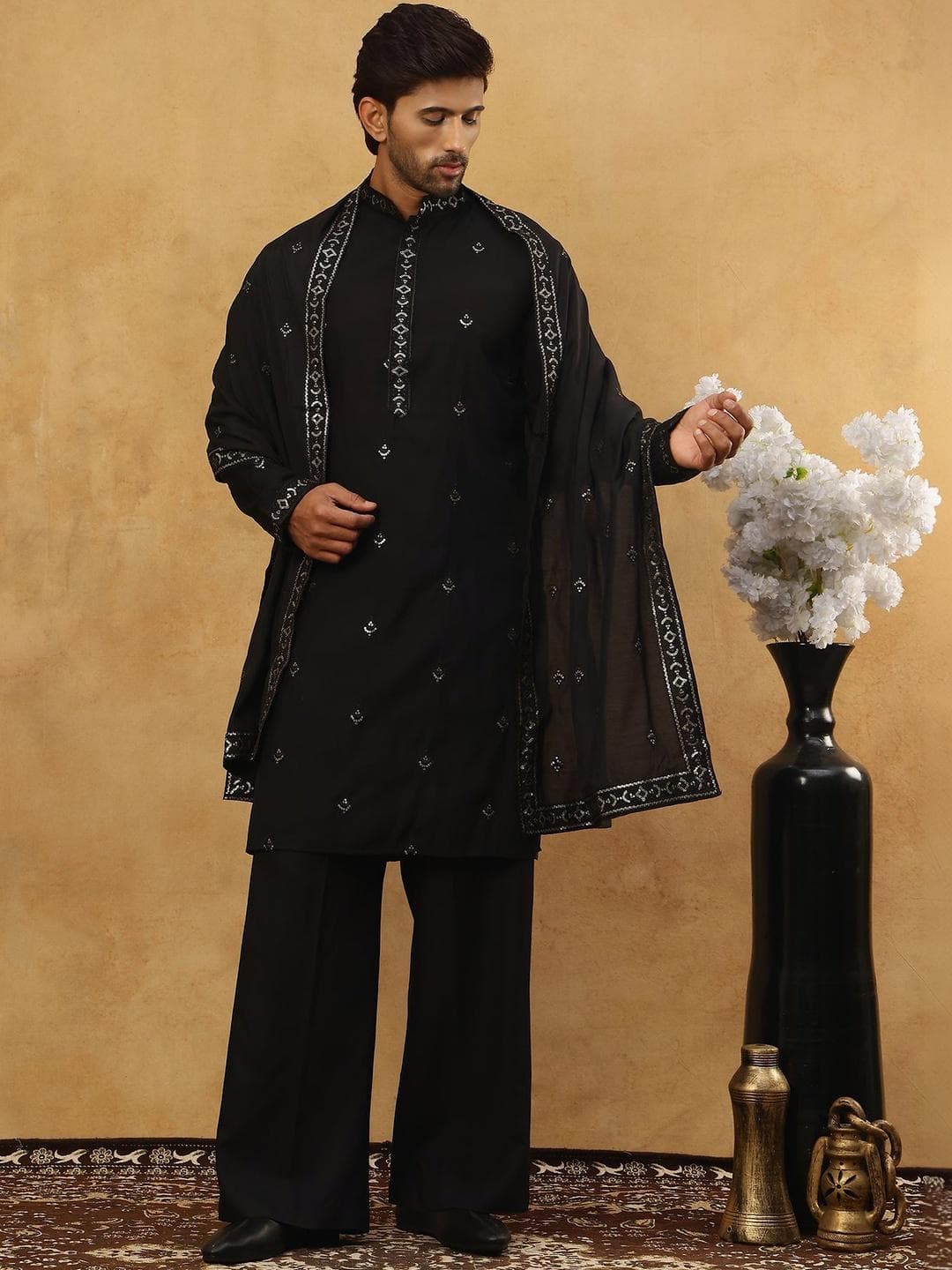 Jompers Floral Embroidered Sequinned Kurta With Korean Pants & Dupatta
