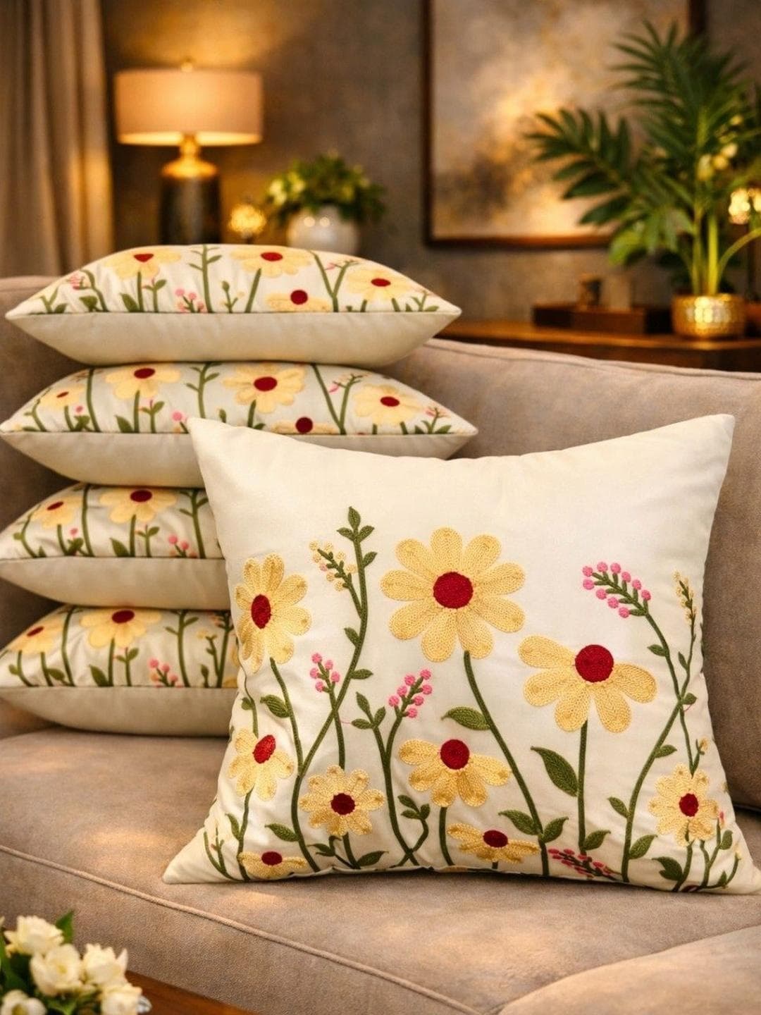 LOFEY Cream-Coloured Set of 5 Embroidered Satin Square Cushion Covers