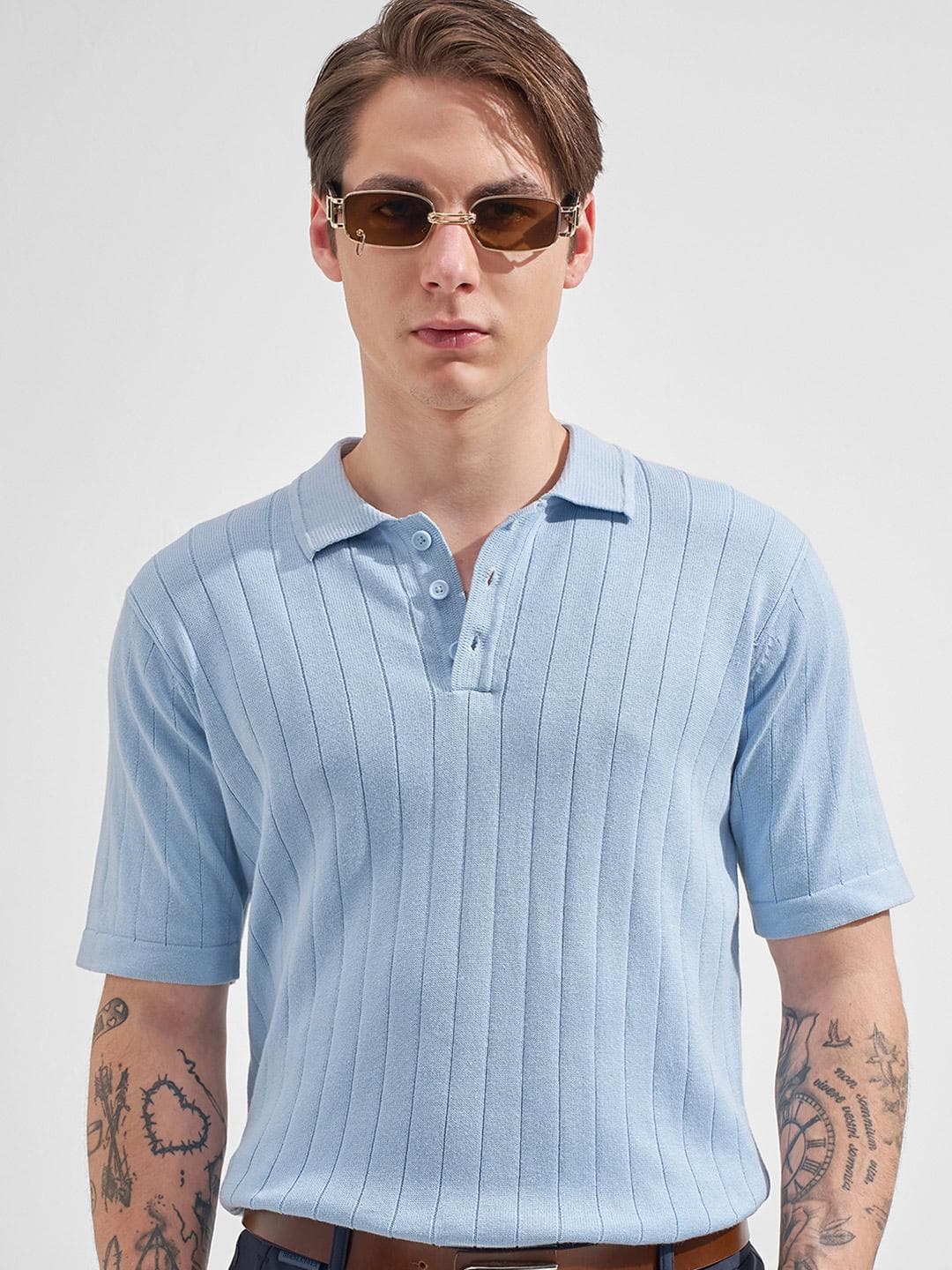 HIGHLANDER Men Relaxed Fit Blue Round Neck Half Sleeve Drop Shoulder Self Design Tshirts